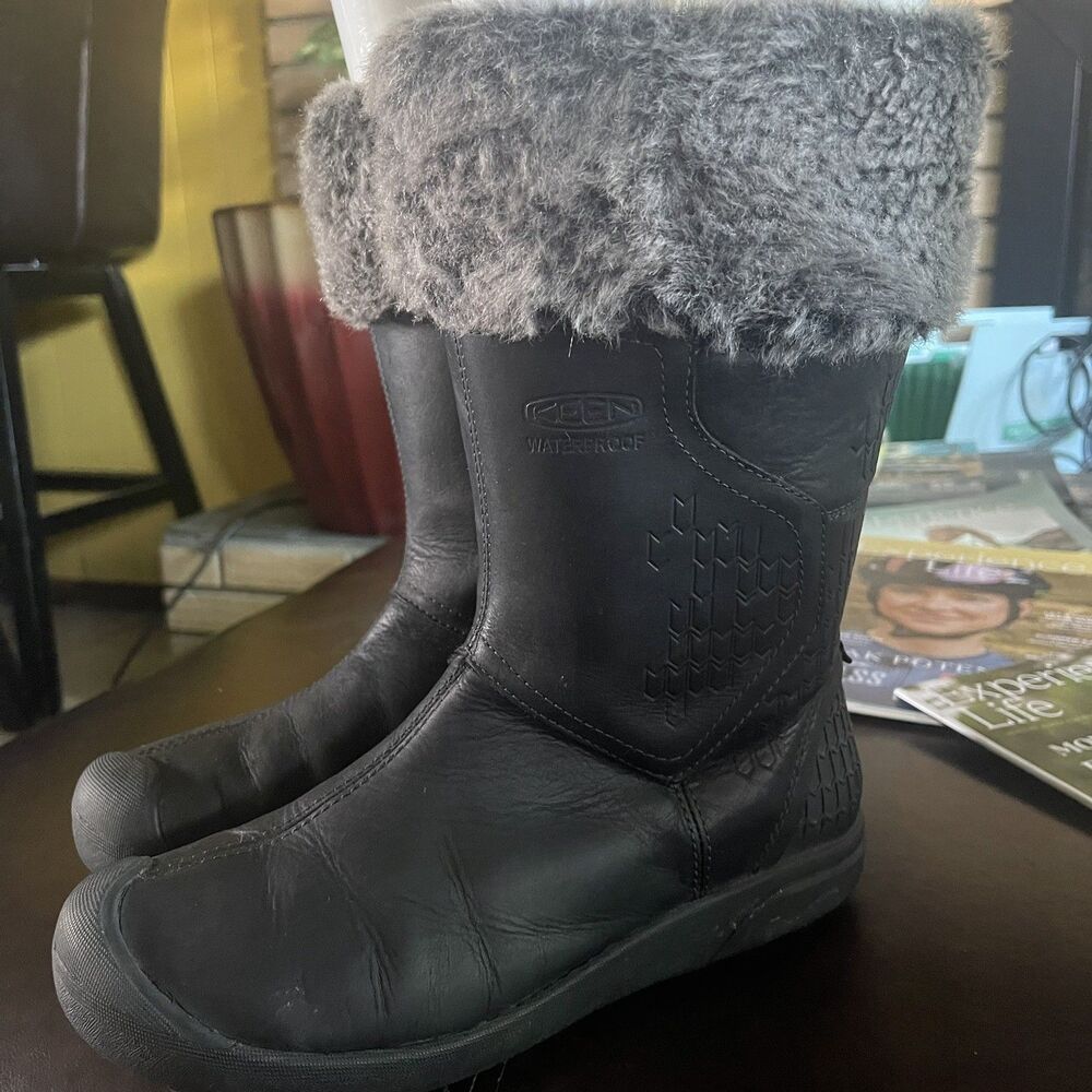 Keen Fremont Zip Waterproof Insulated Winter Boot Black Leather & Faux Fur, 6.5